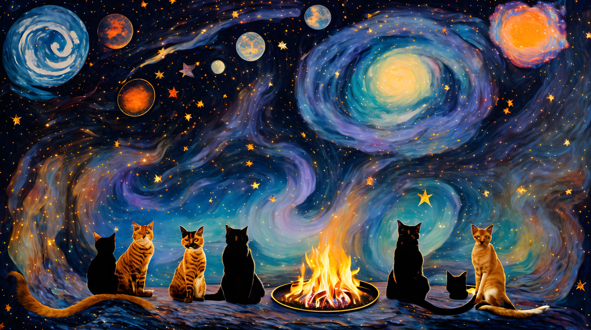 Five Cats by Campfire under Cosmic Sky