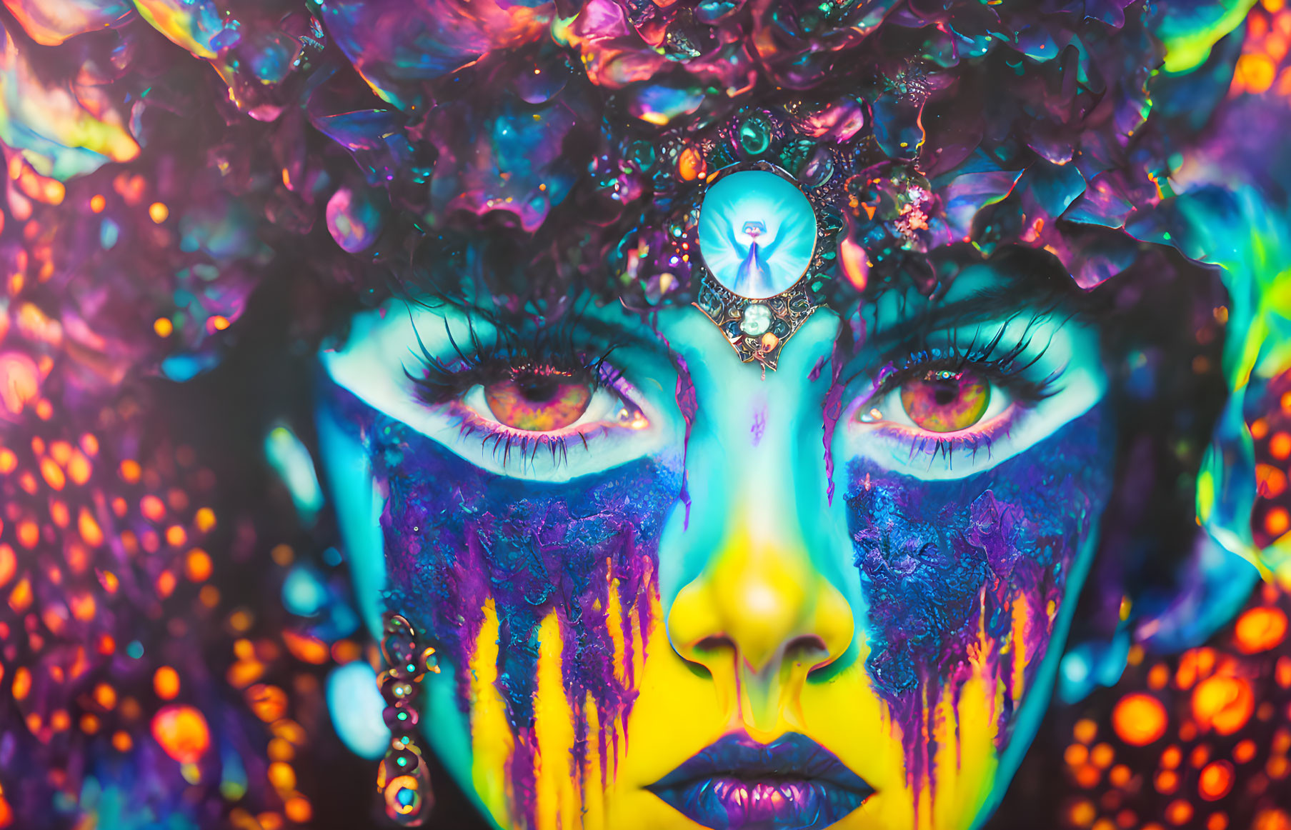 Colorful face paint portrait with gemstone decorations and intense gaze