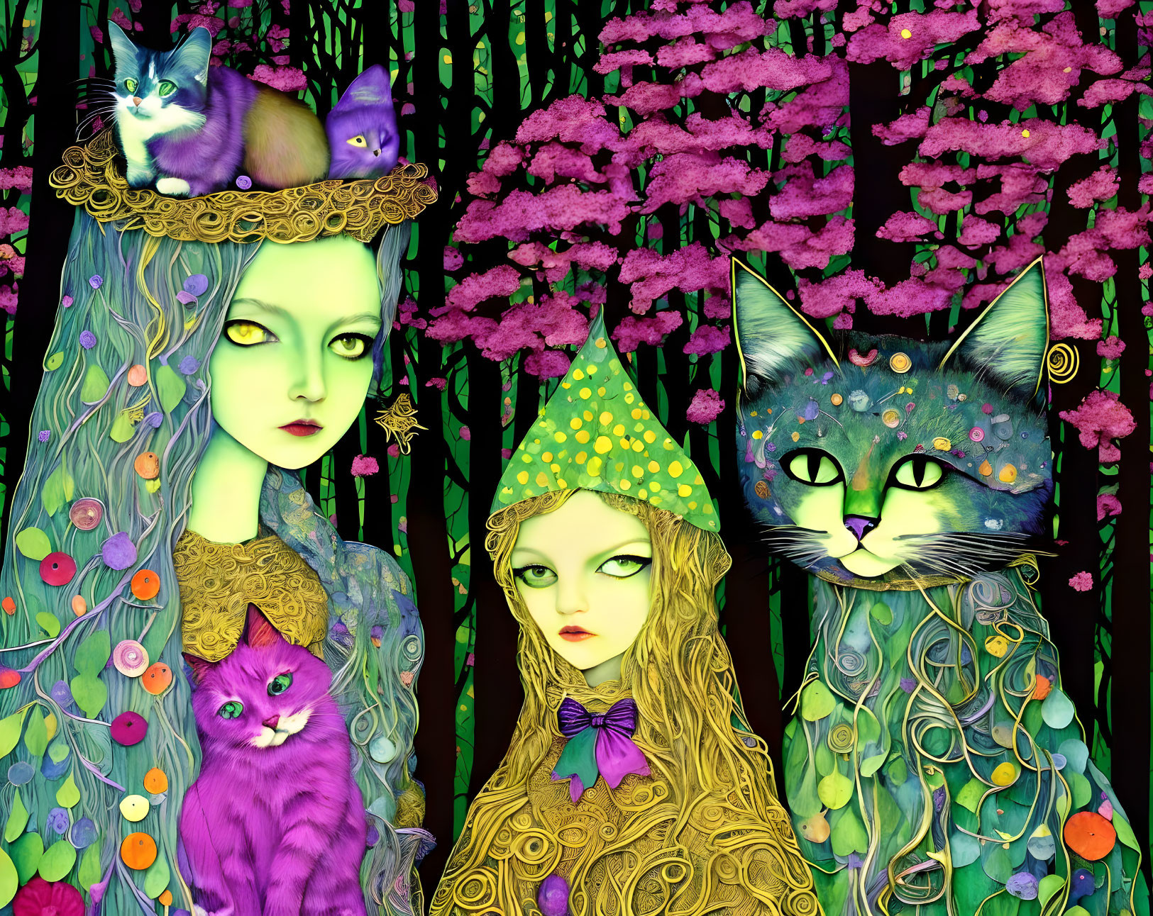 Vibrant fantasy artwork: two women with cat-like features, purple cats, pink blossoms on