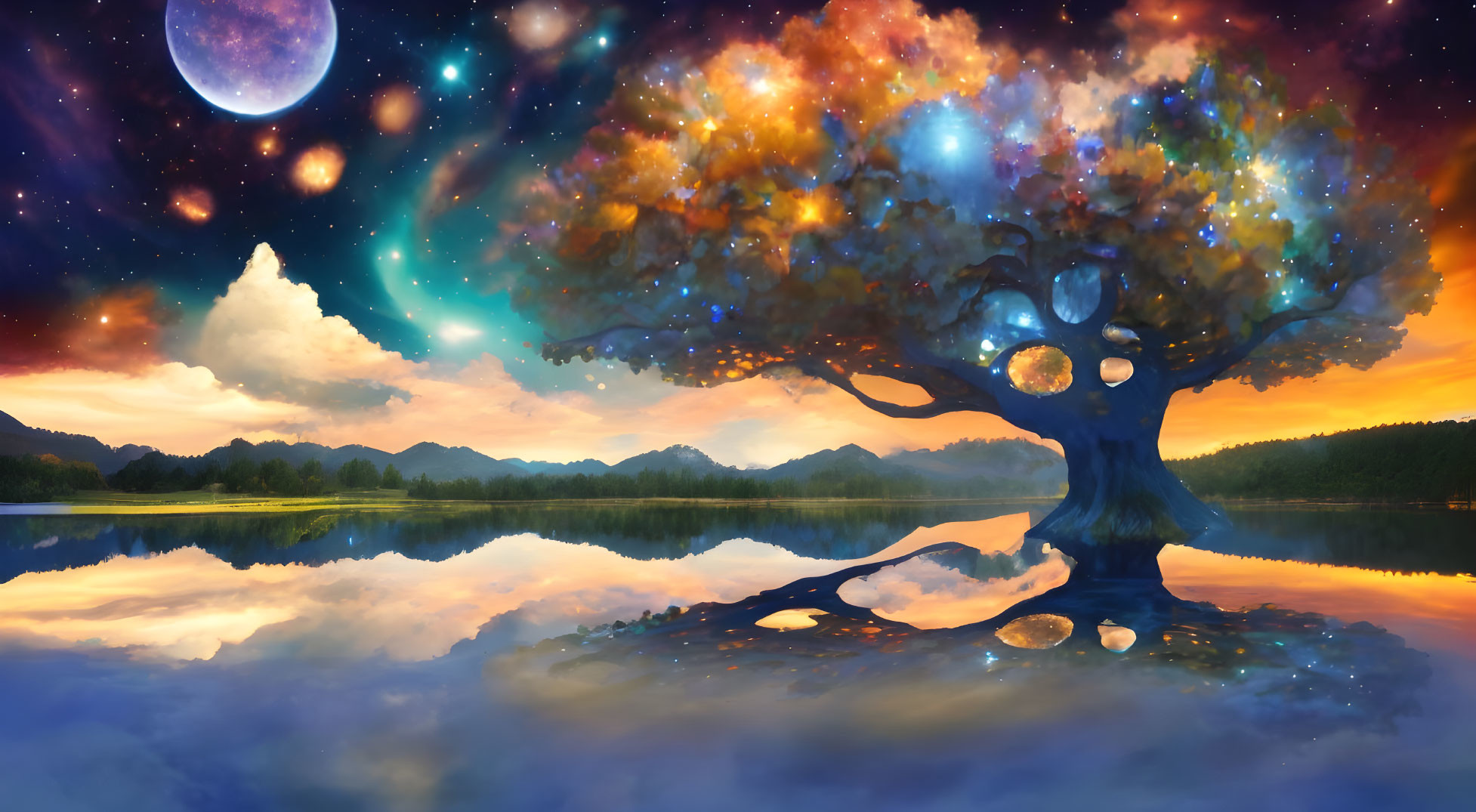 Colorful Cosmic Tree Landscape with Nebula Sky & Moon