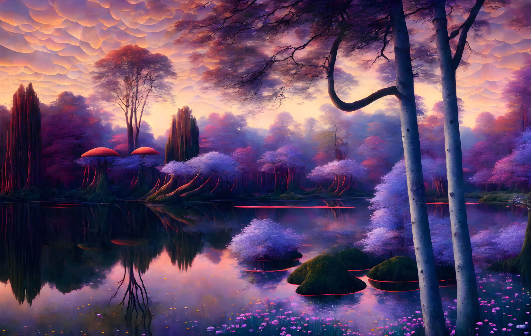 Colorful fantasy landscape with reflective lake and whimsical trees