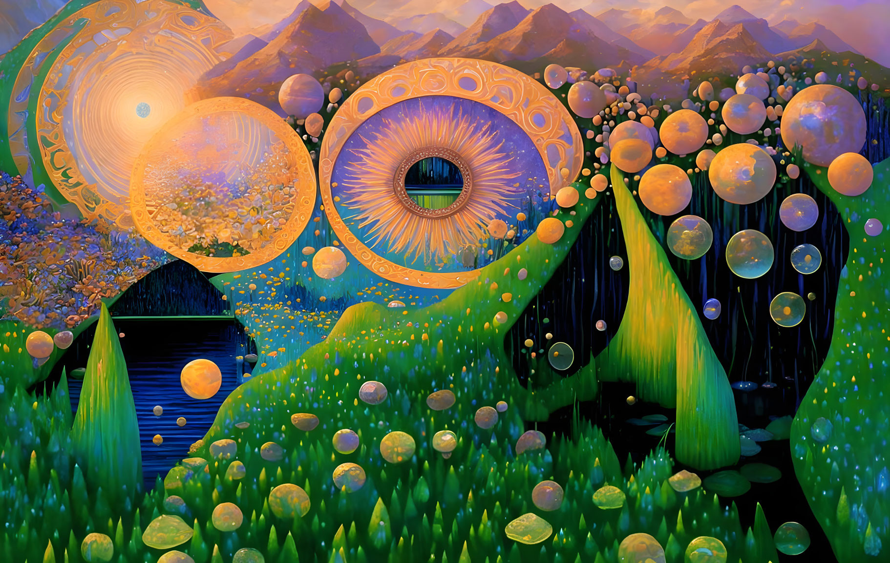 Colorful surreal landscape with whimsical eyes, small hut, rolling hills, and floating bubbles