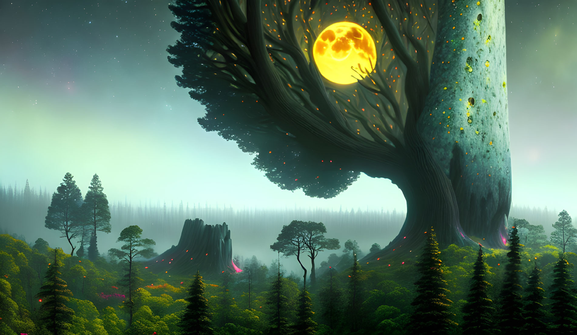 Enormous tree in mystical forest under yellow moon