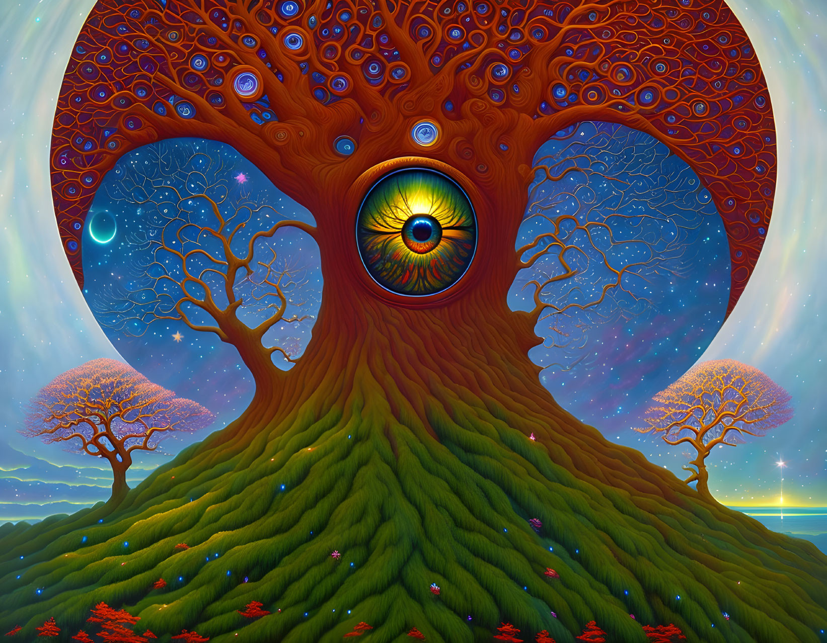 Colorful Surreal Tree with Eye in Cosmic Landscape and Rolling Hills