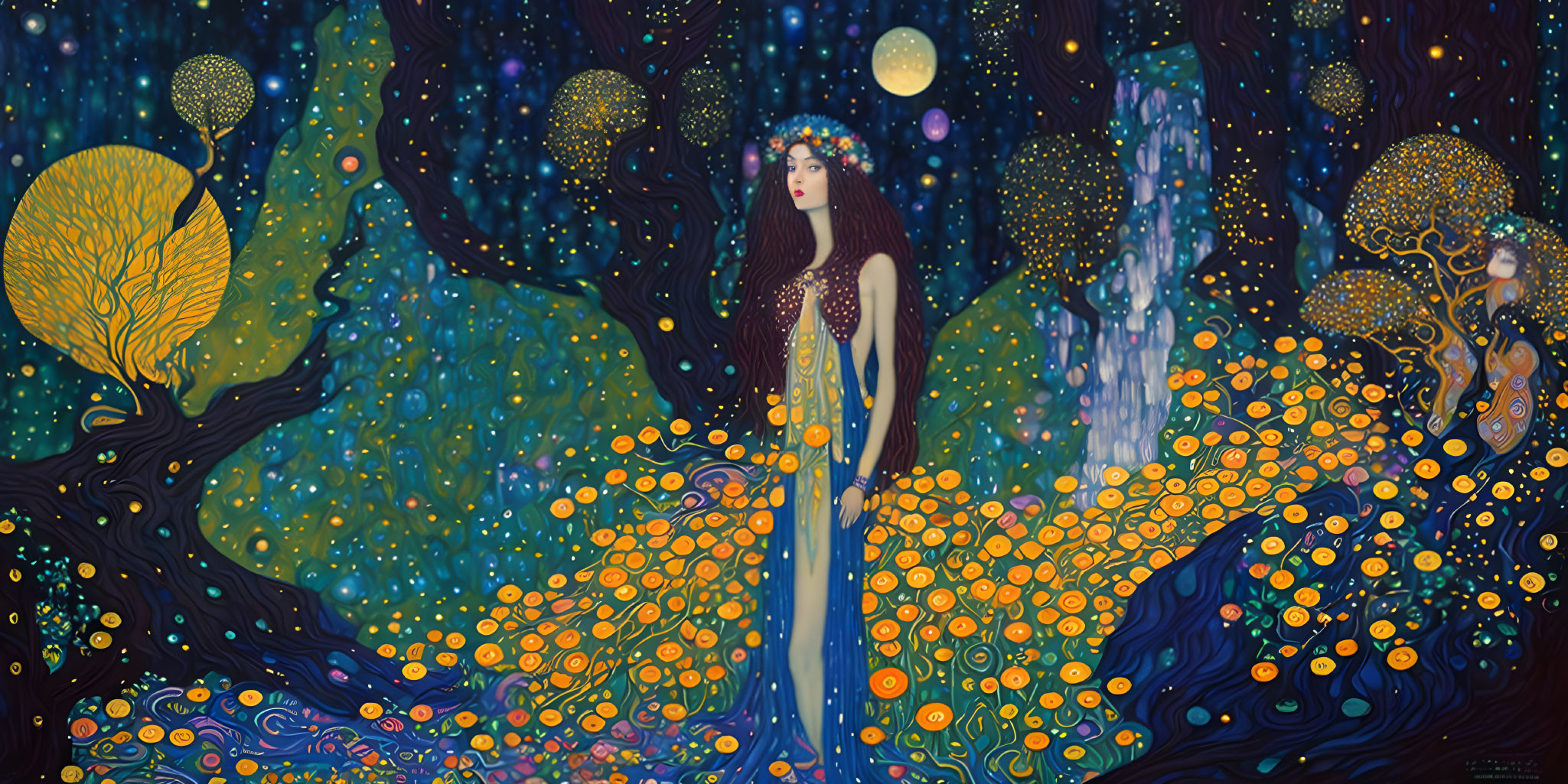 Whimsical art: Woman in starry night forest with glowing orbs