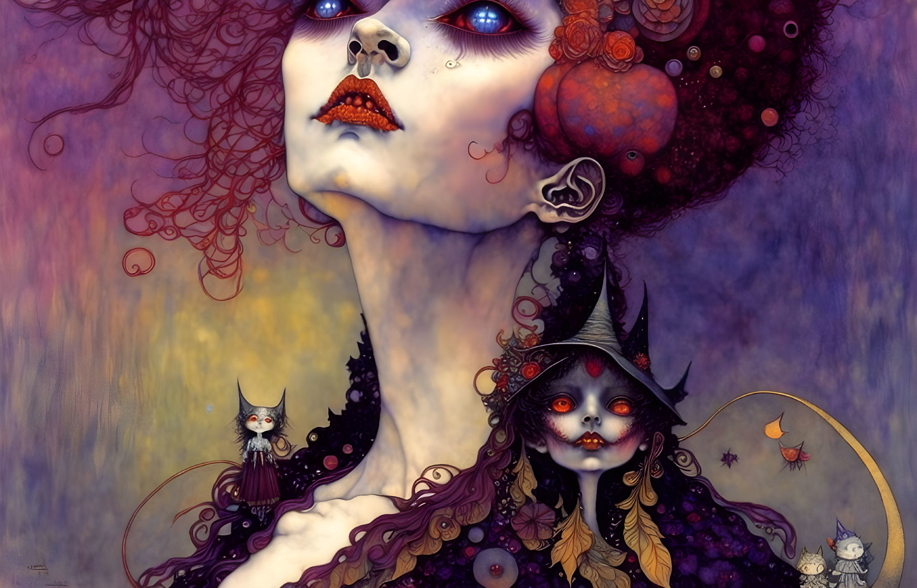 Fantasy illustration: Two ethereal figures with exaggerated eyes, ornate headdresses, whimsical details