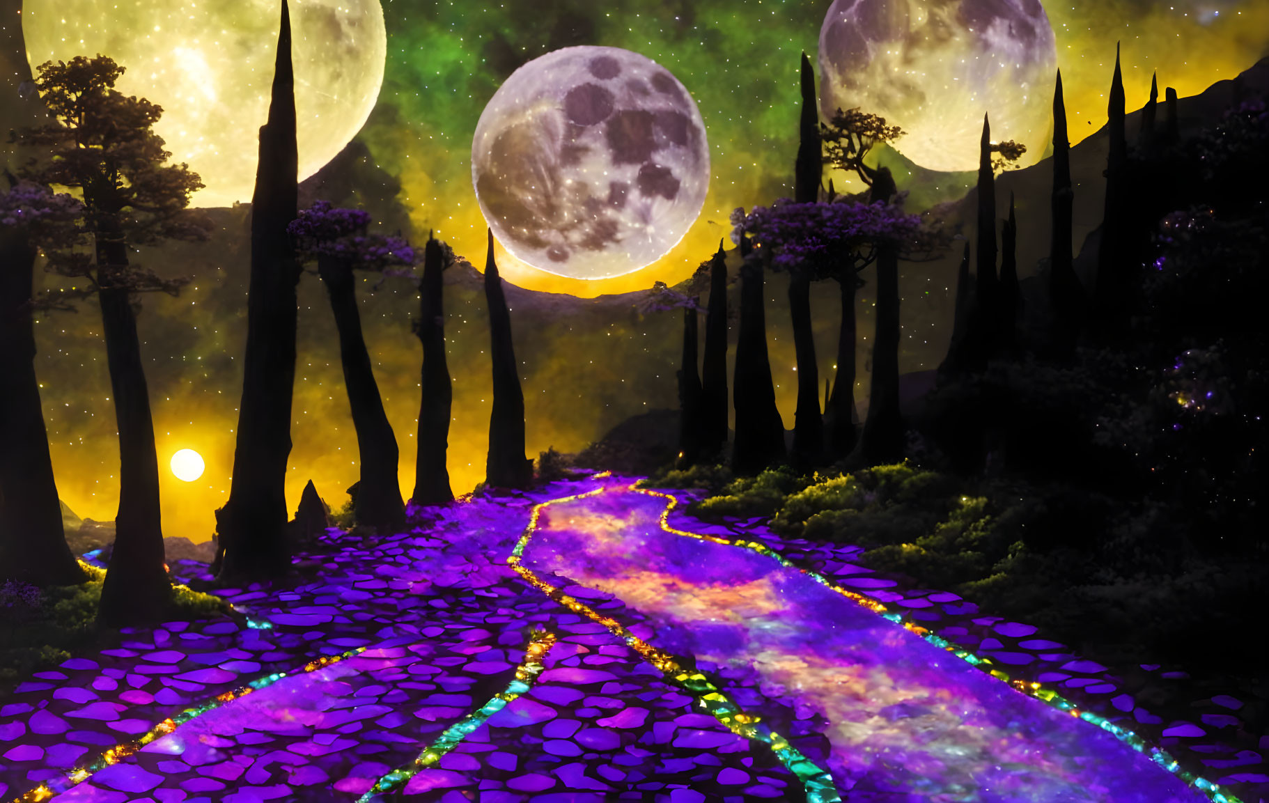 Fantasy landscape with glowing purple pathway, trees, two moons, and setting sun