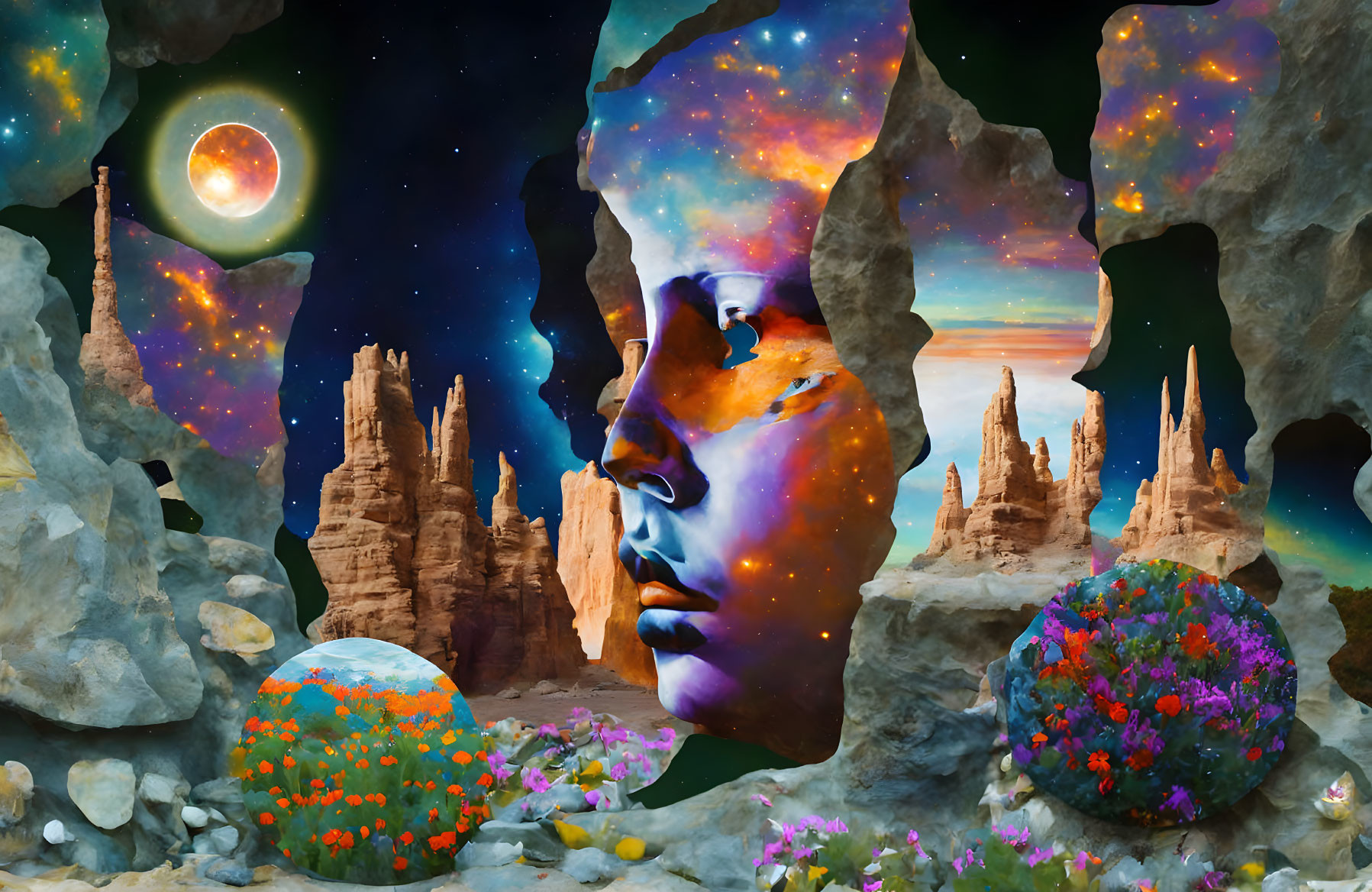 Surreal landscape with cosmic face, starry sky, rock formations, colorful foliage.