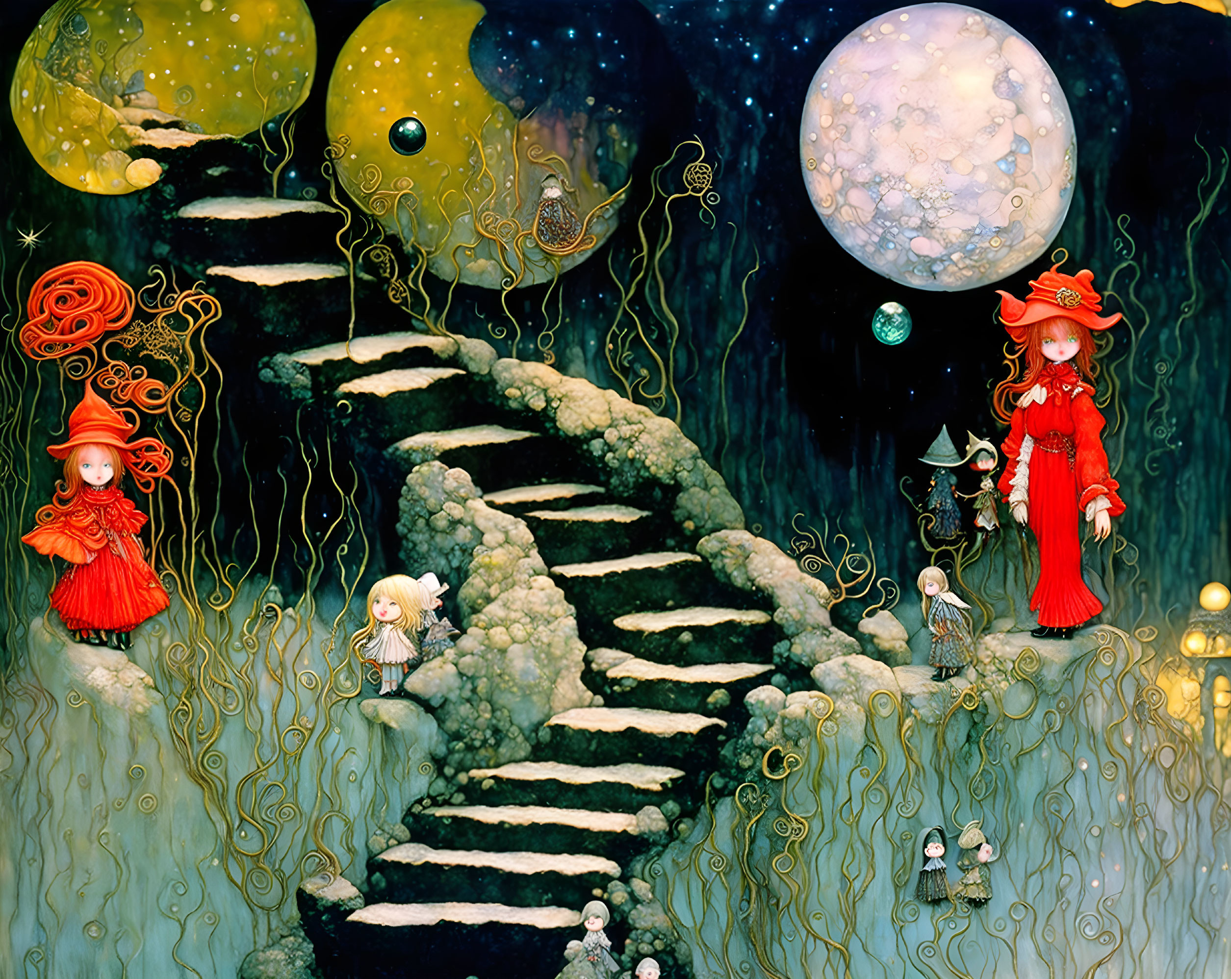 Fantasy art illustration: Red characters on spiral staircase with cosmic backdrop.