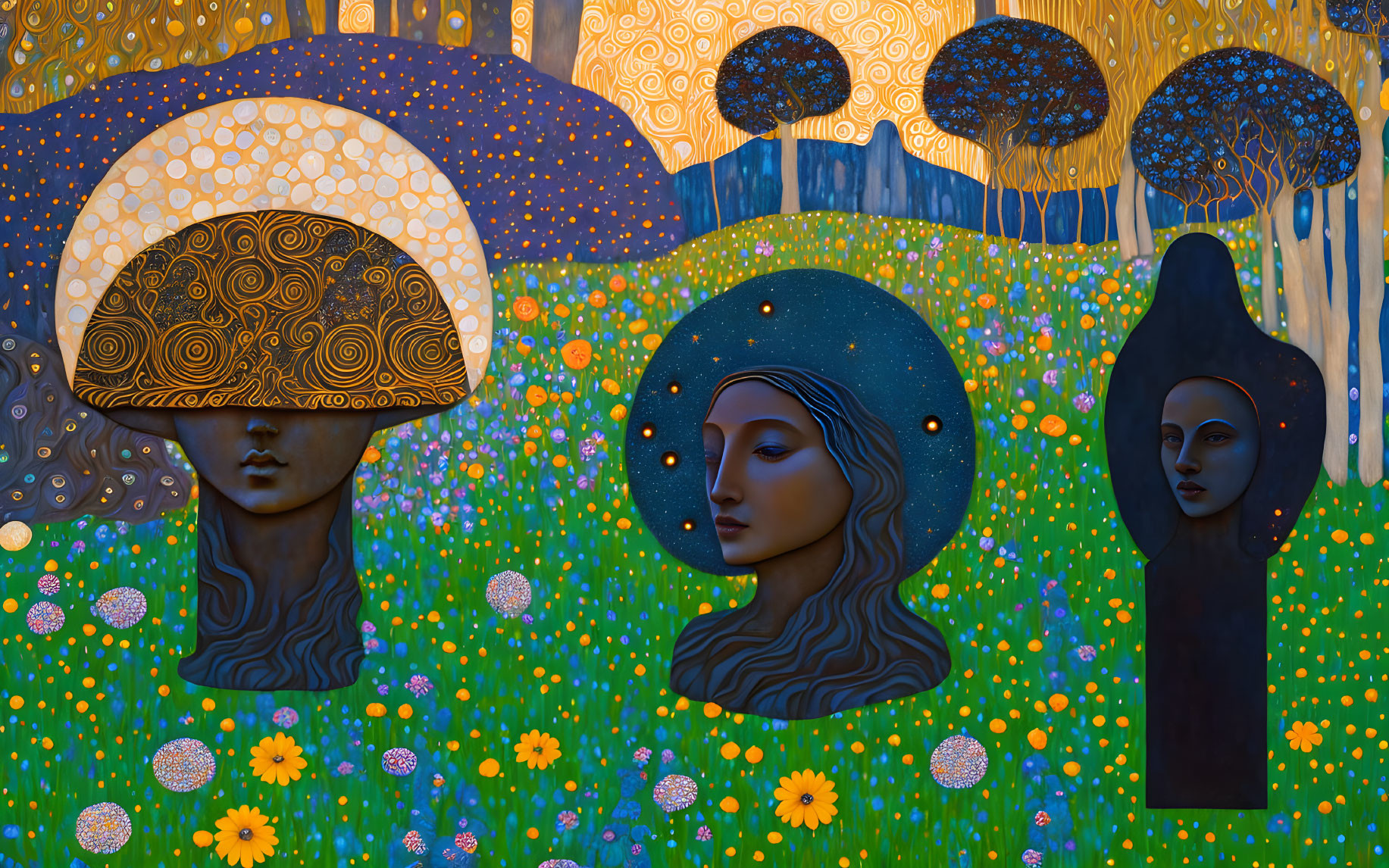 Colorful artwork of three stylized female faces with mushroom and space-themed elements on a whimsical backdrop