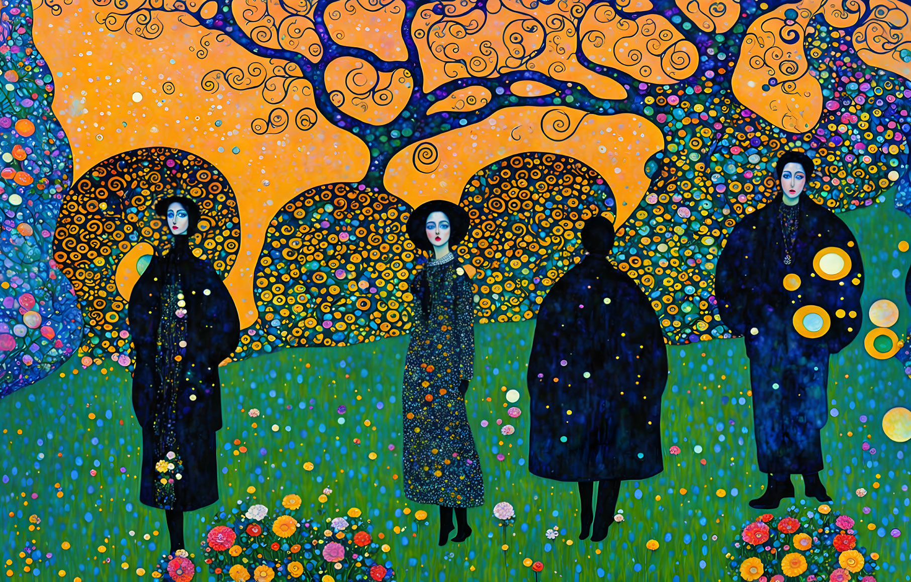 Stylized figures in cloaks among colorful trees and ornate sky