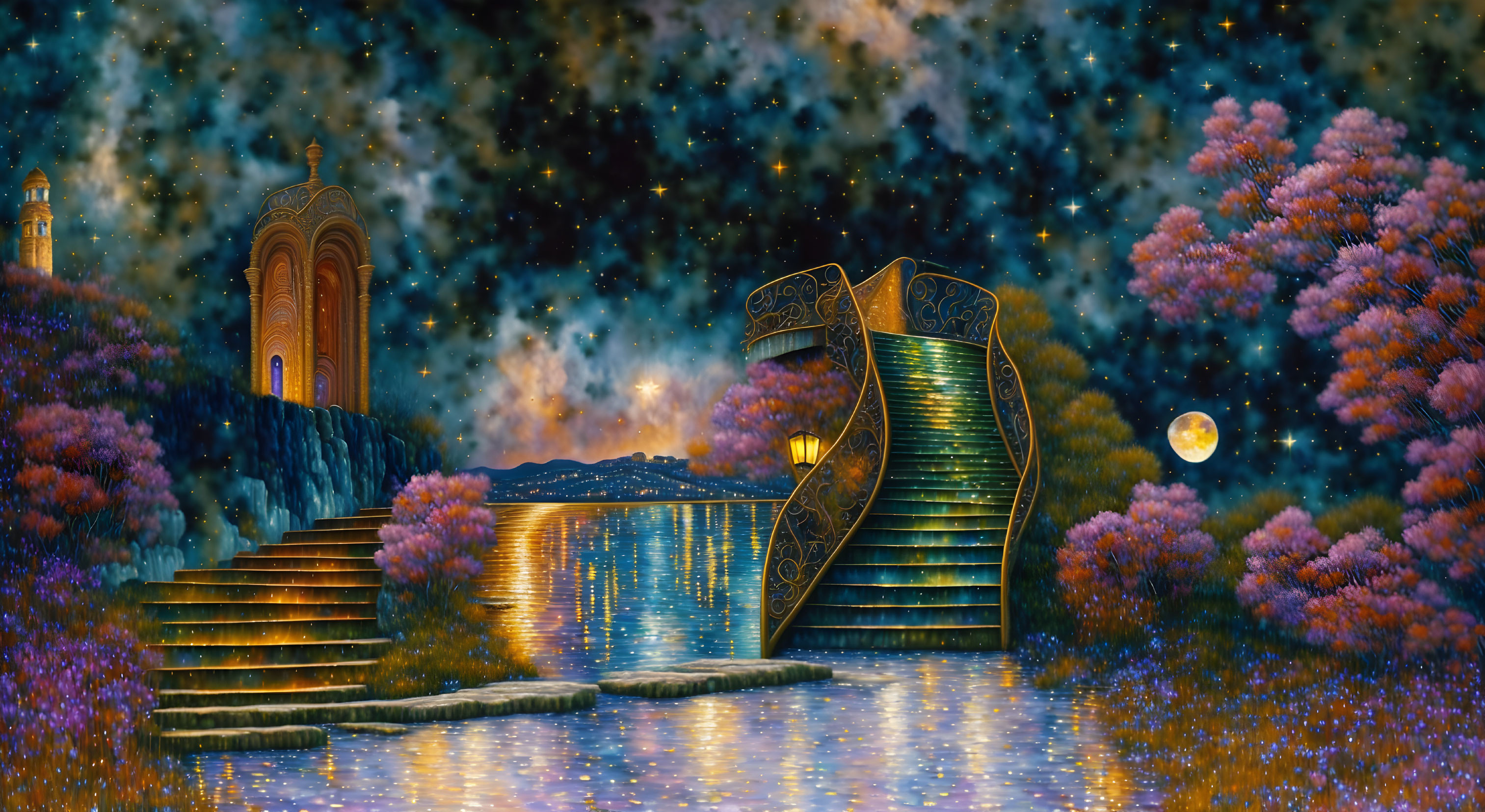 Fantastical nightscape with archway, star-filled sky, boat-shaped bridge, purple trees,