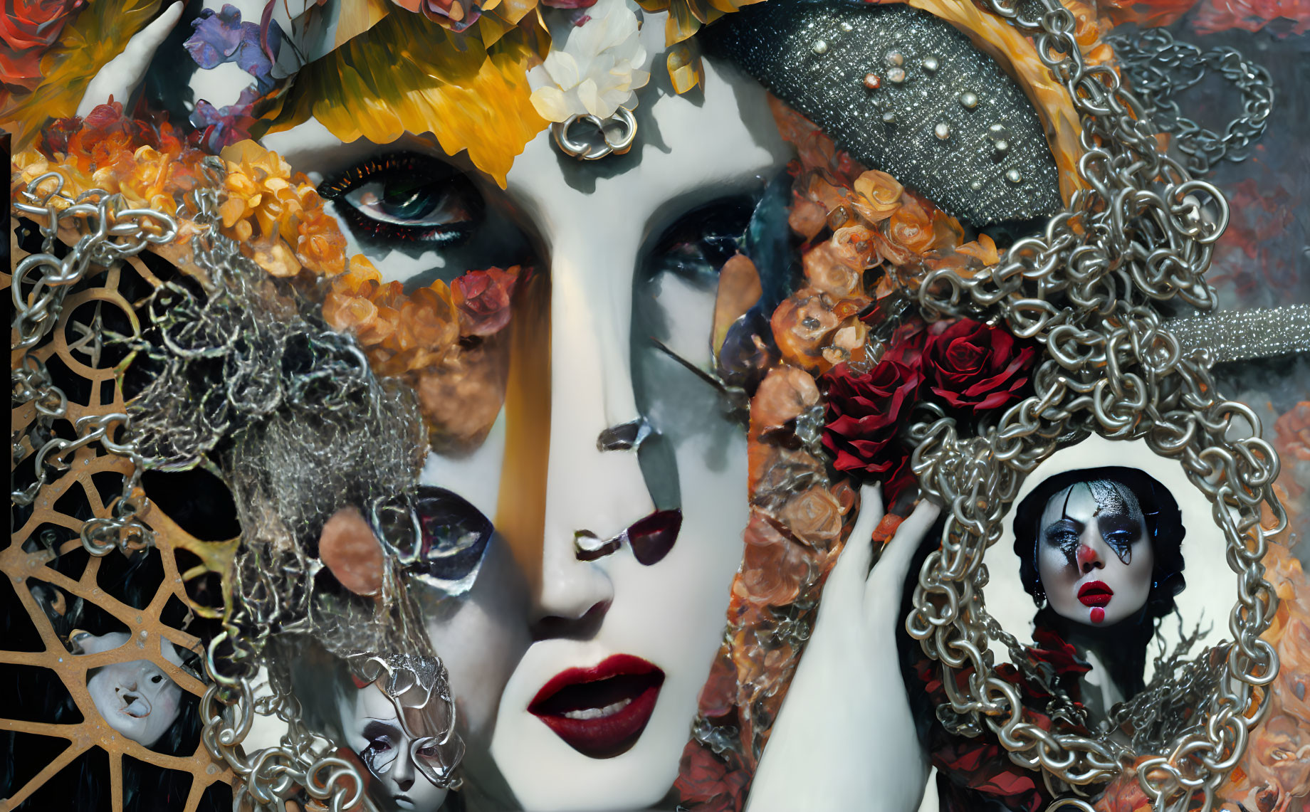 Colorful Venetian-Style Masked Figure Collage with Flowers