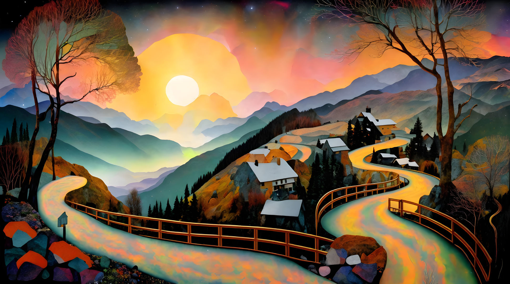 Colorful Artwork: Winding Road in Mountain Landscape