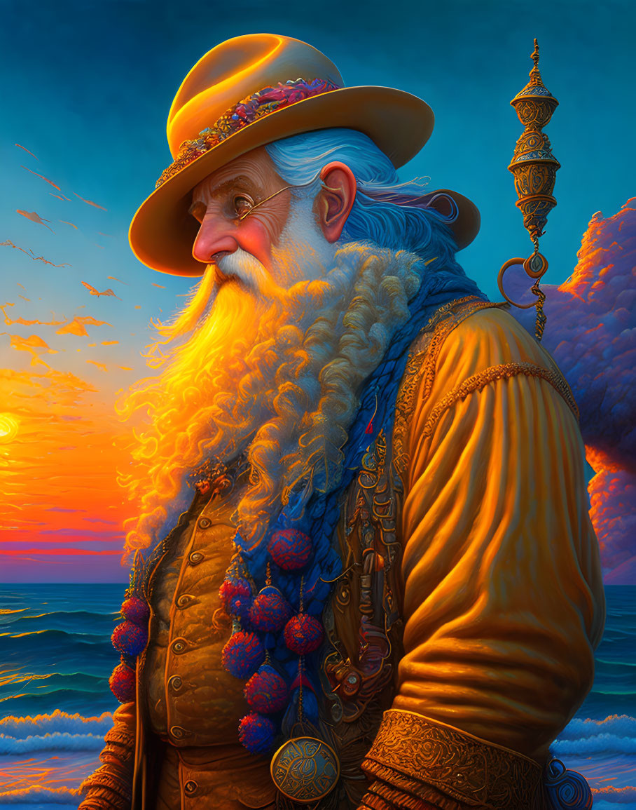 Elderly man with white beard in golden attire at sunset