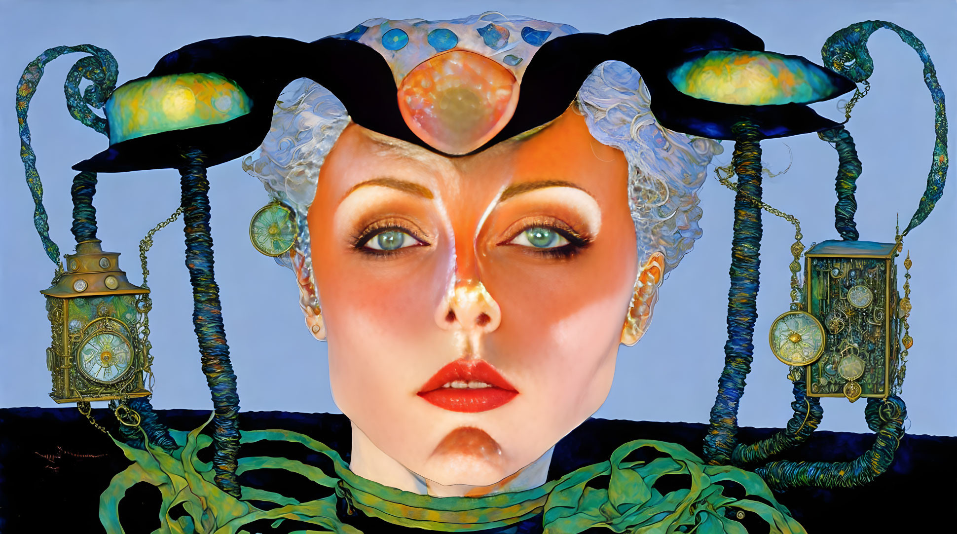 Surreal portrait of woman with elaborate clock headdress on blue background