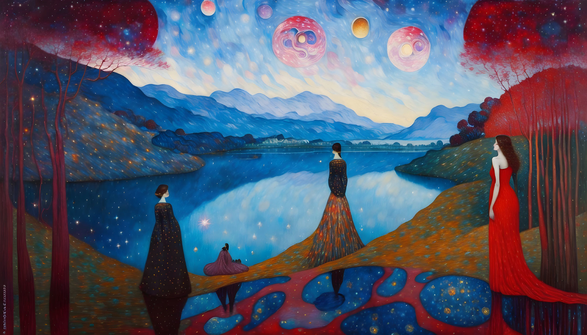 Fantastical painting of three figures by serene lake under starry sky