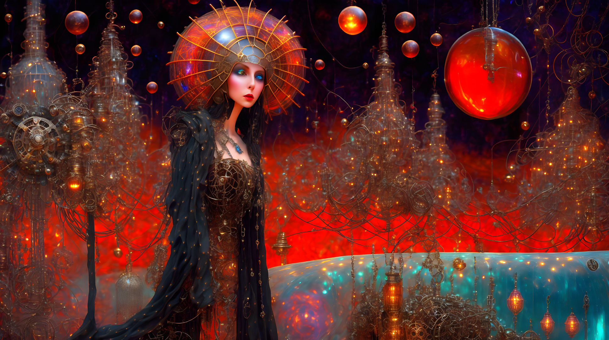 Fantastical female figure with glowing headdress in fiery landscape
