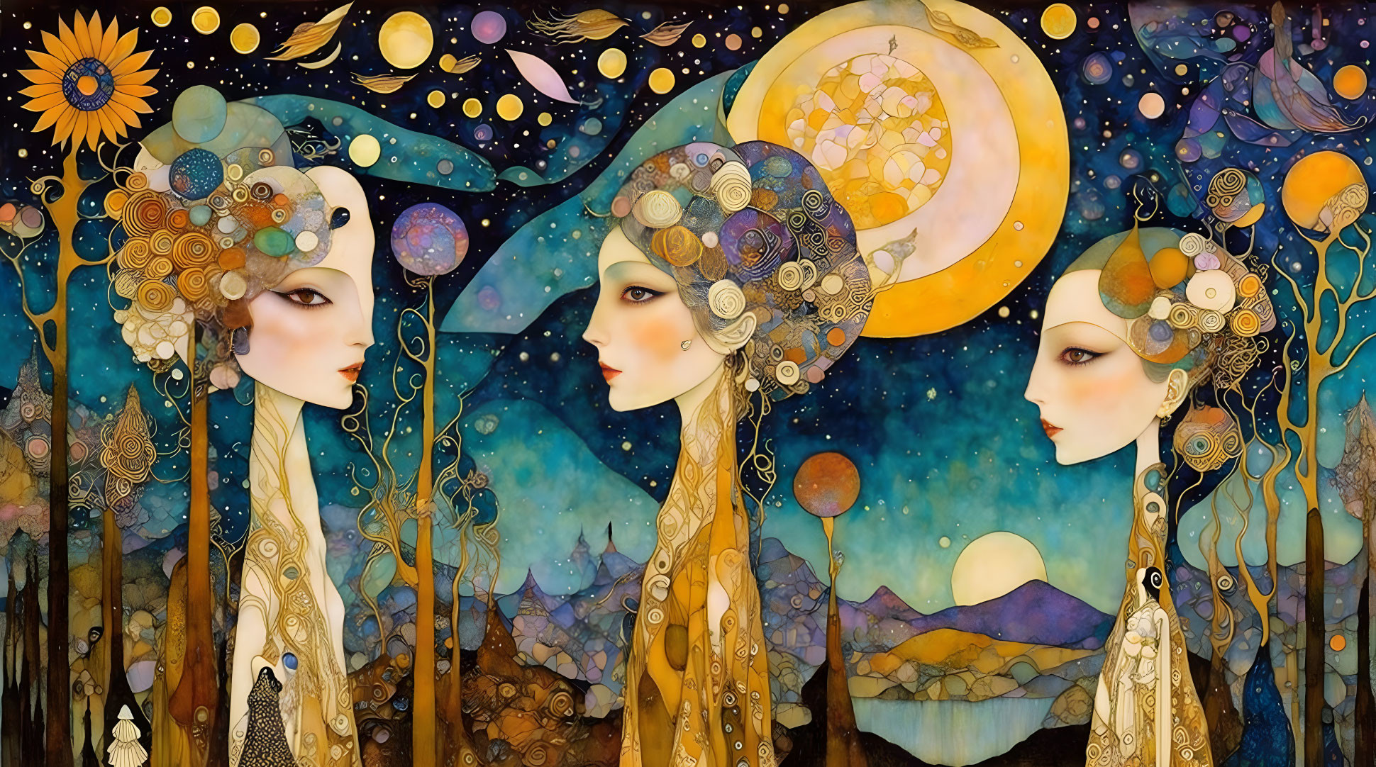 Stylized female figures with elaborate headdresses in cosmic setting