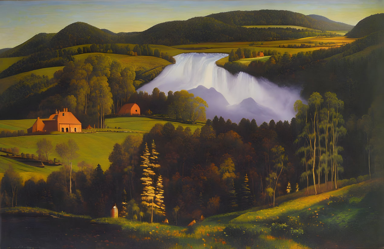 Tranquil landscape with waterfall, hills, trees, and houses