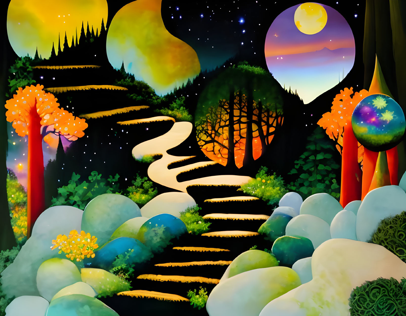 Colorful Fantasy Landscape with Staircase, Trees, Celestial Bodies, and Orbs