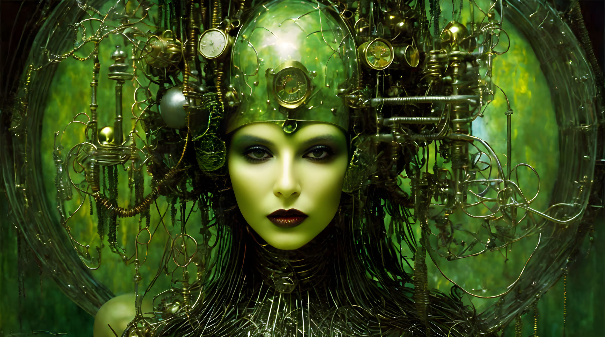 Futuristic green-skinned woman with brass headgear and wires