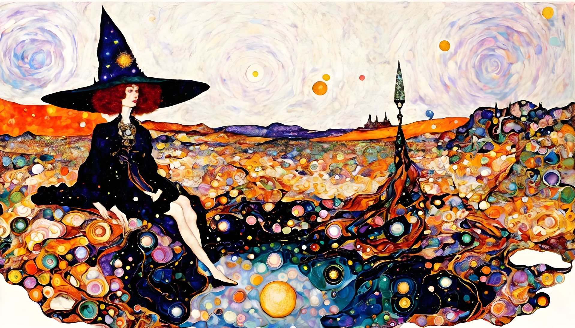 Fantastical painting of witch in starry hat on swirling landscape