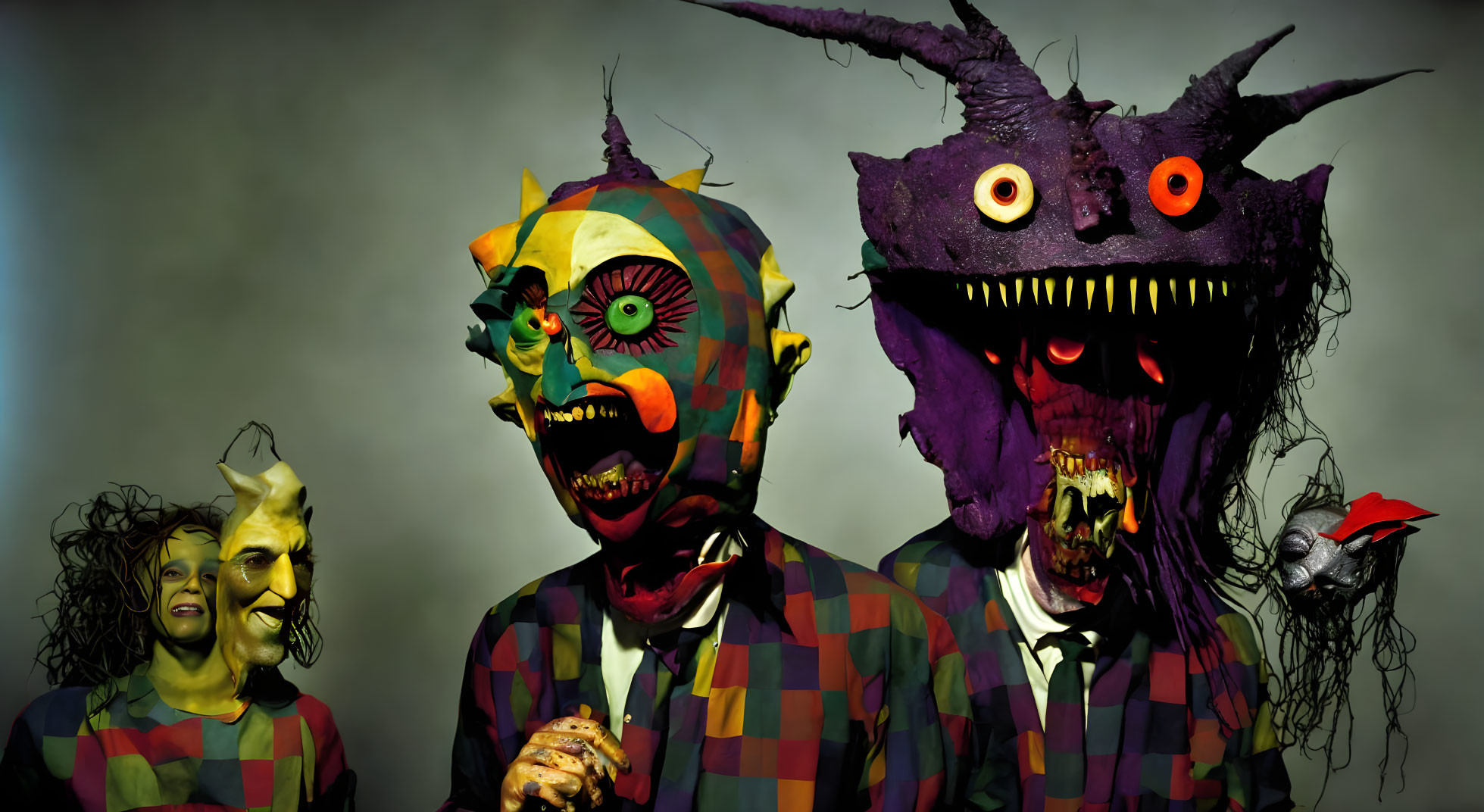 Four individuals in colorful, grotesque clown masks on grey backdrop