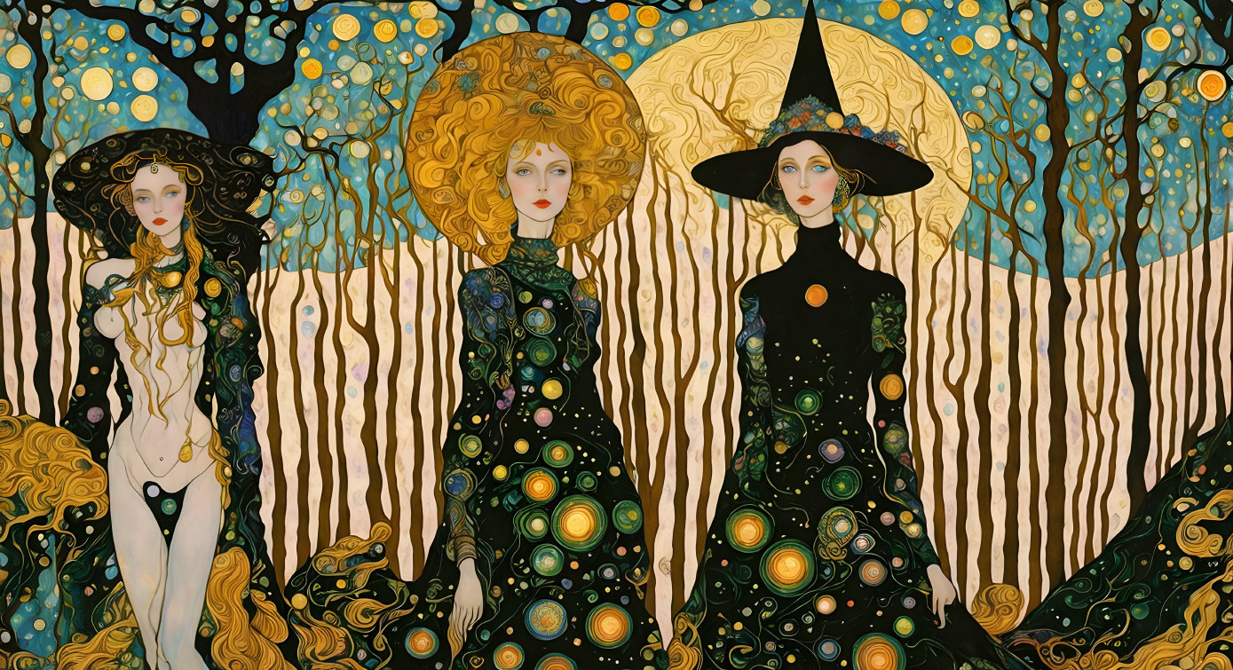 Three stylized women in a fantastical forest with swirling colors reminiscent of Gustav Klimt.