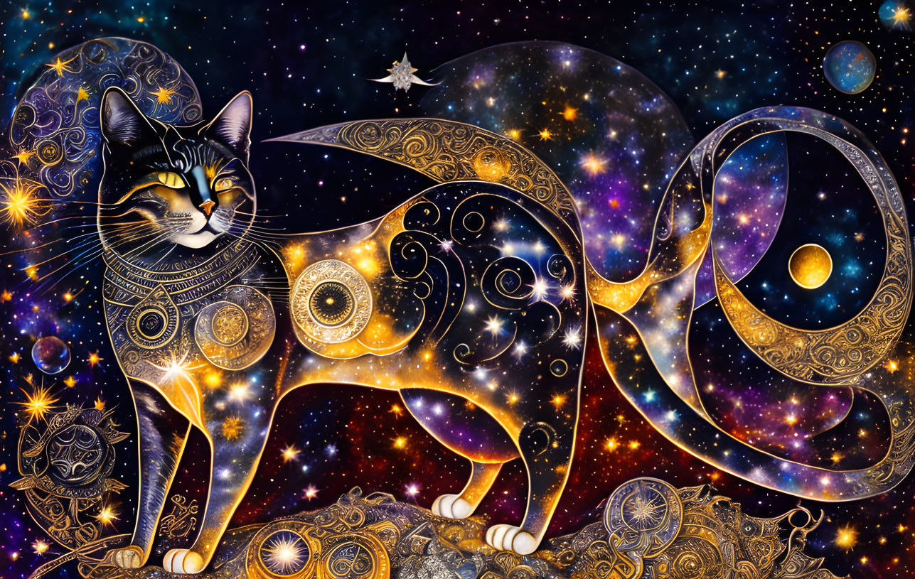 Colorful Cosmic Cat Illustration with Celestial Elements