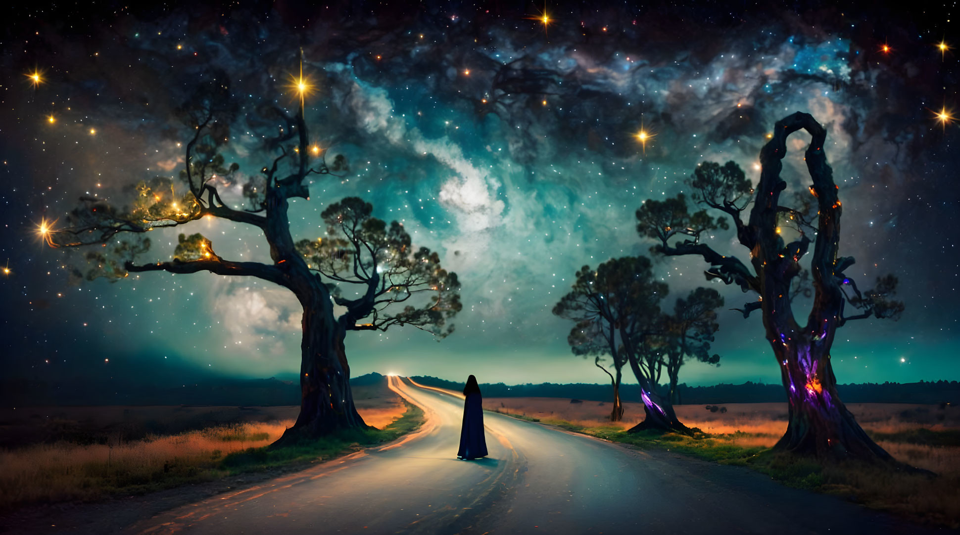 Person in cloak at forked road under starry sky with nebulae