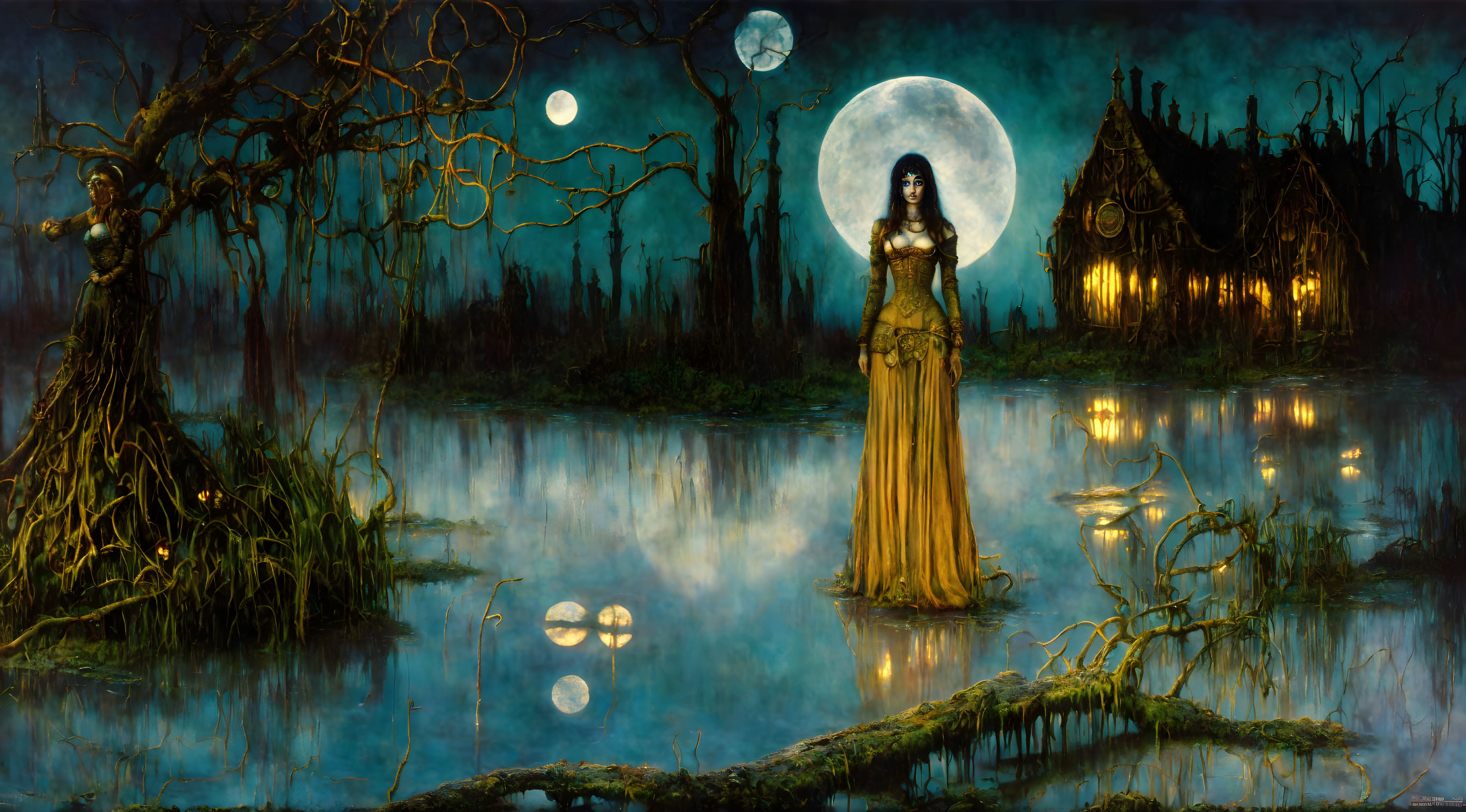 Full Moon Illuminates Woman in Yellow Dress by Haunted Swamp House