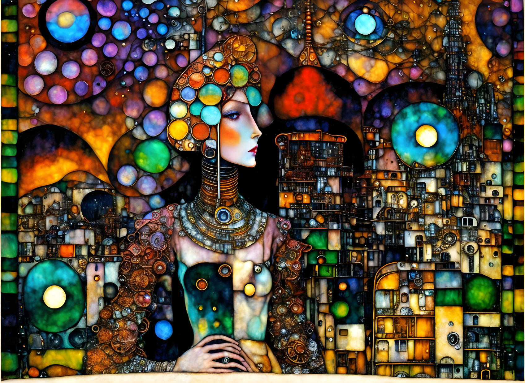 Colorful Stylized Woman Amid Geometric Cityscape Mosaic