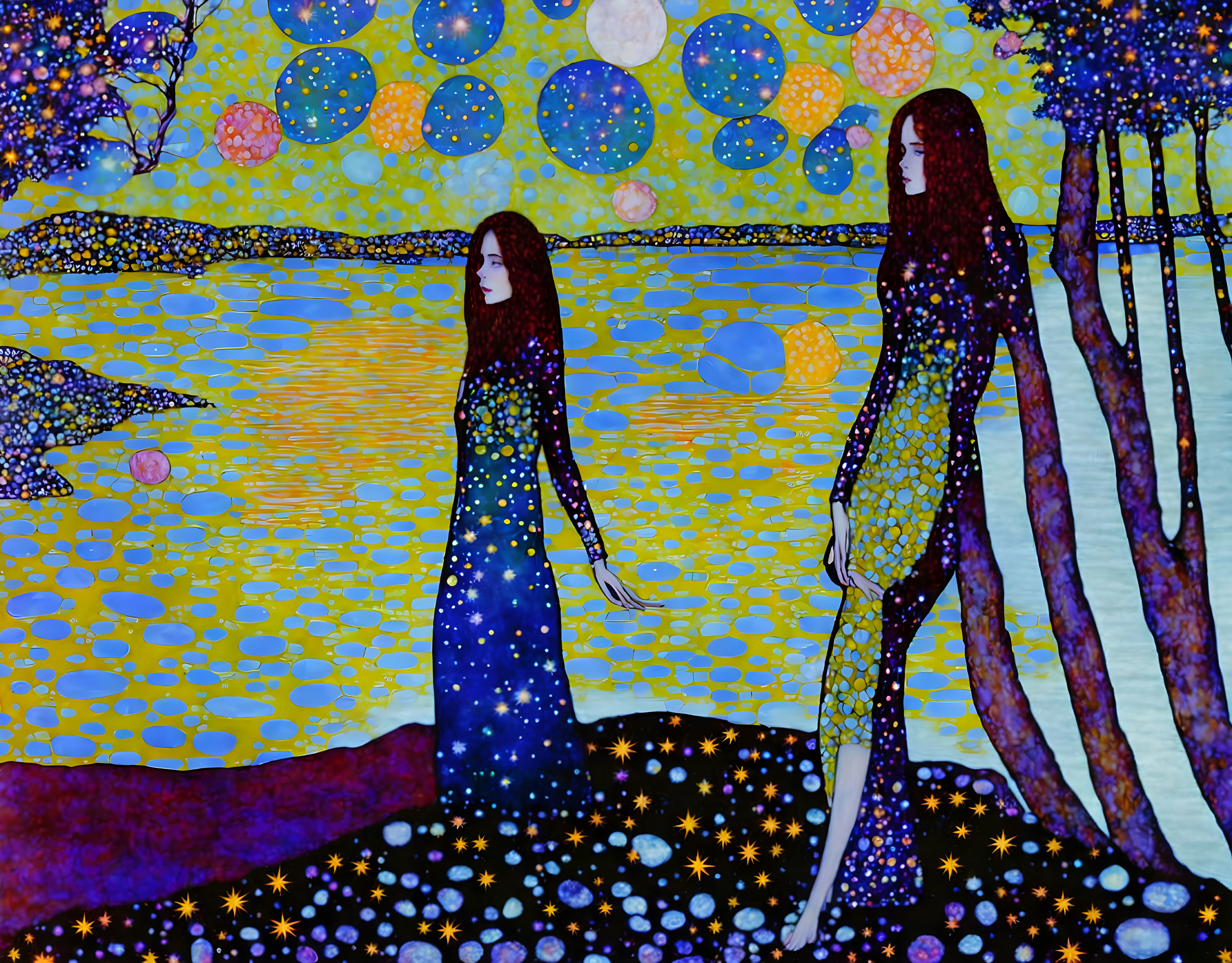 Starry Silhouetted Figures by Tree-Lined Water Body