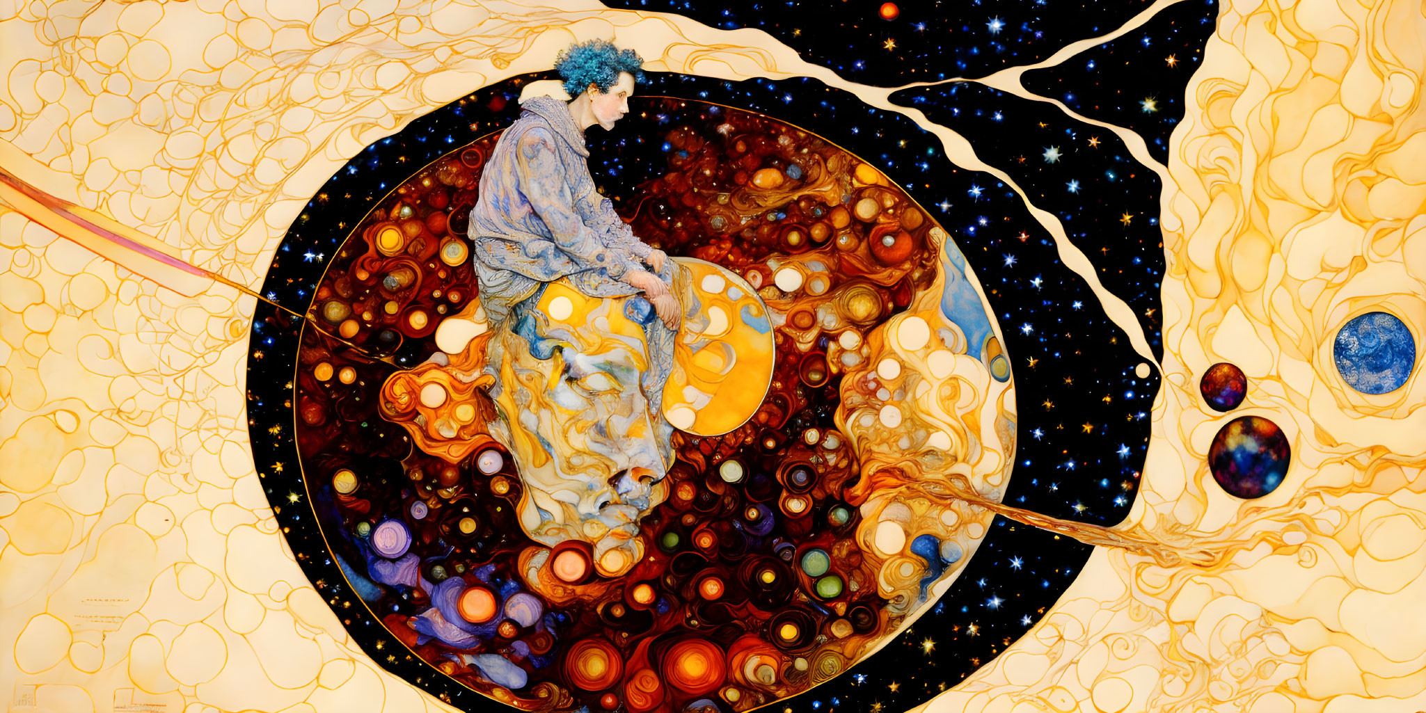 Colorful cosmic illustration: person in celestial swirl