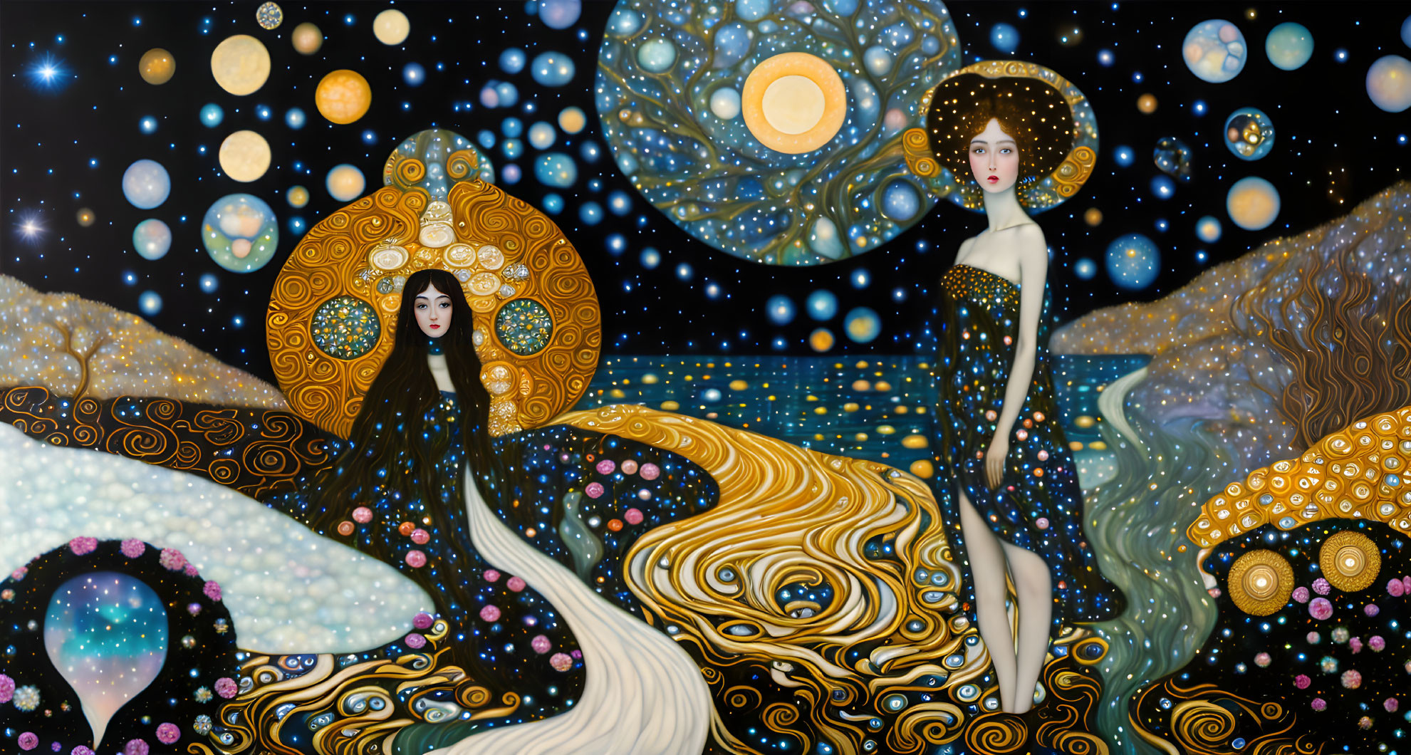 Fantastical painting featuring two women and celestial motifs