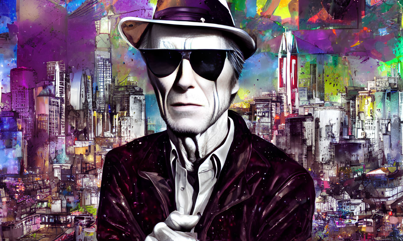 Elderly Man in Hat and Sunglasses with Abstract Cityscape