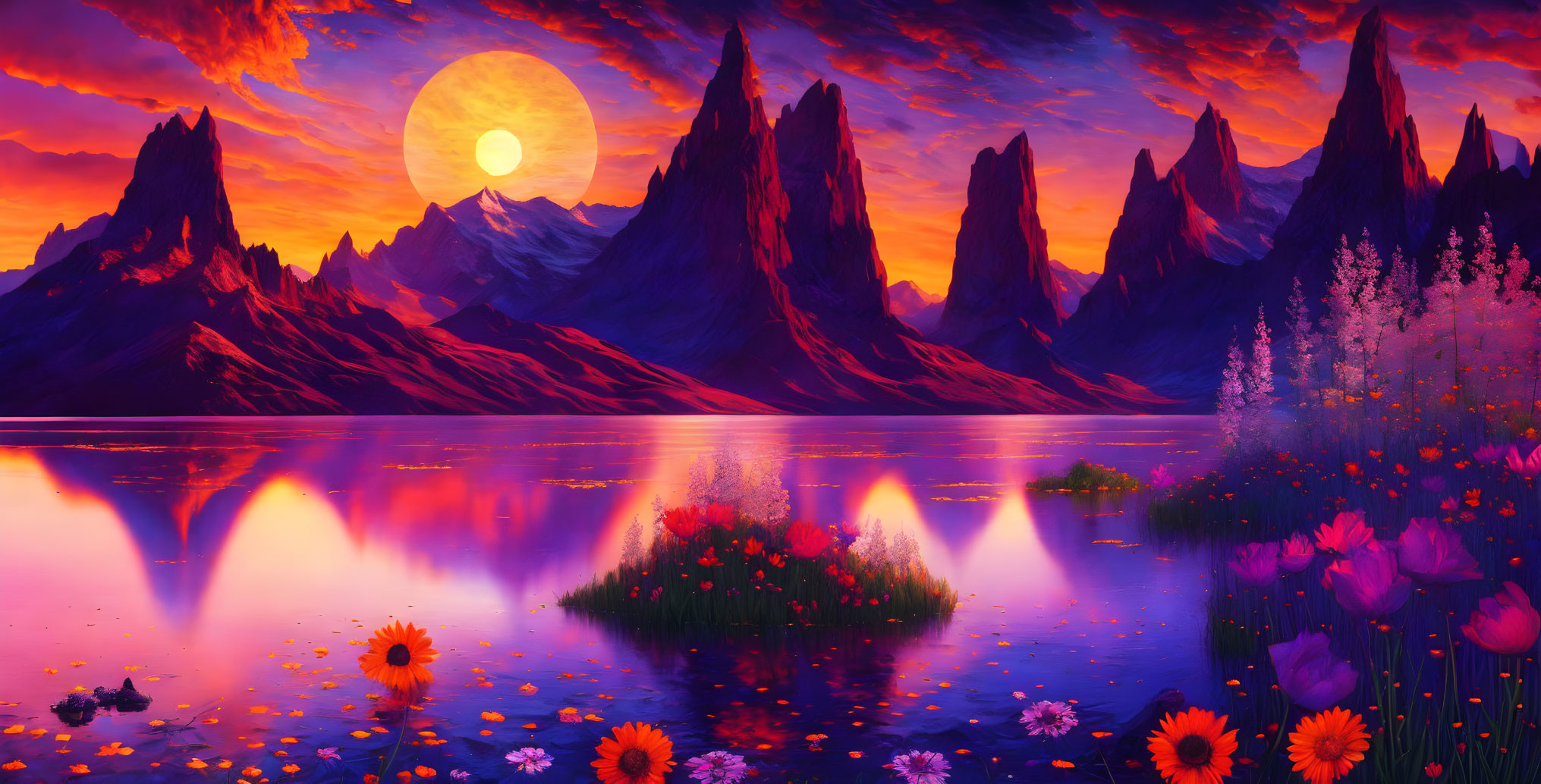 Serene lake sunset digital art with colorful flowers & mountain reflection