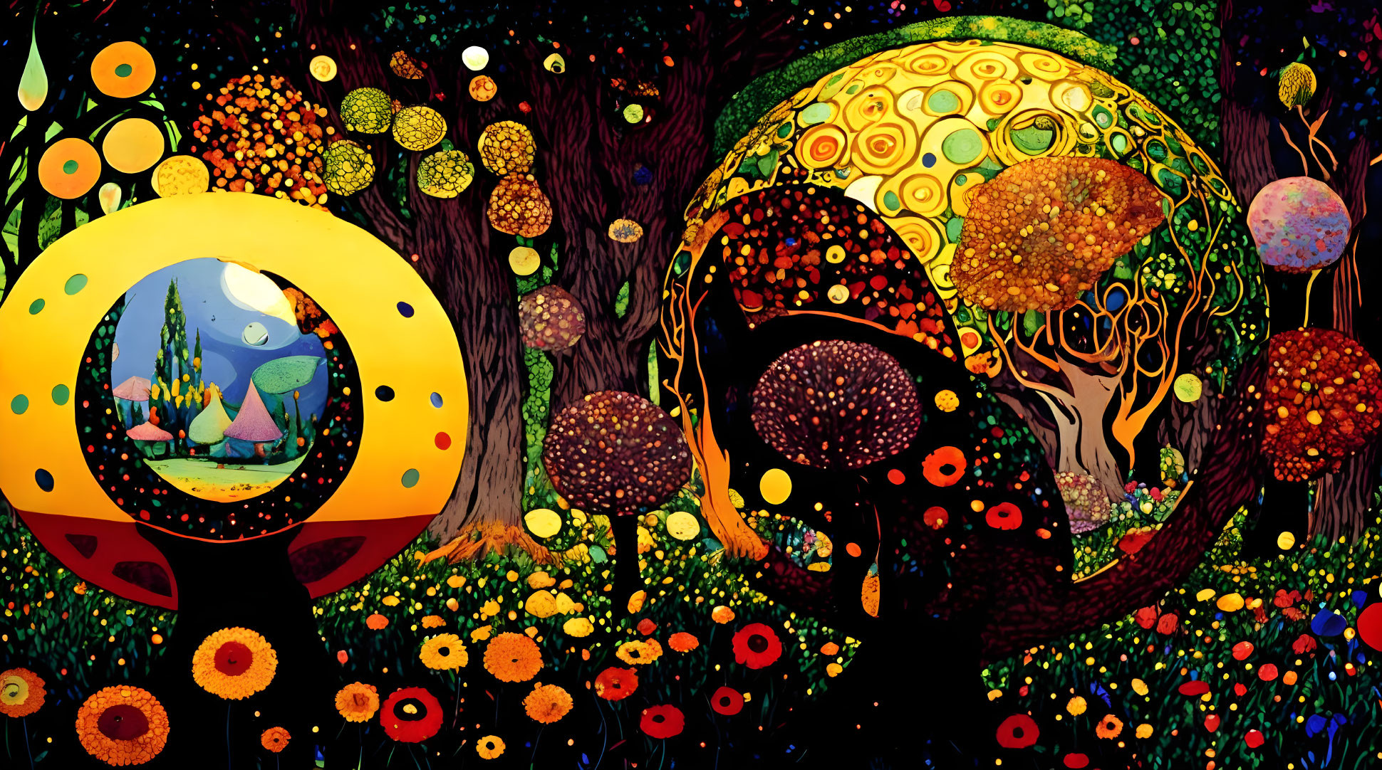 Colorful forest scene with whimsical trees and mushroom shapes.