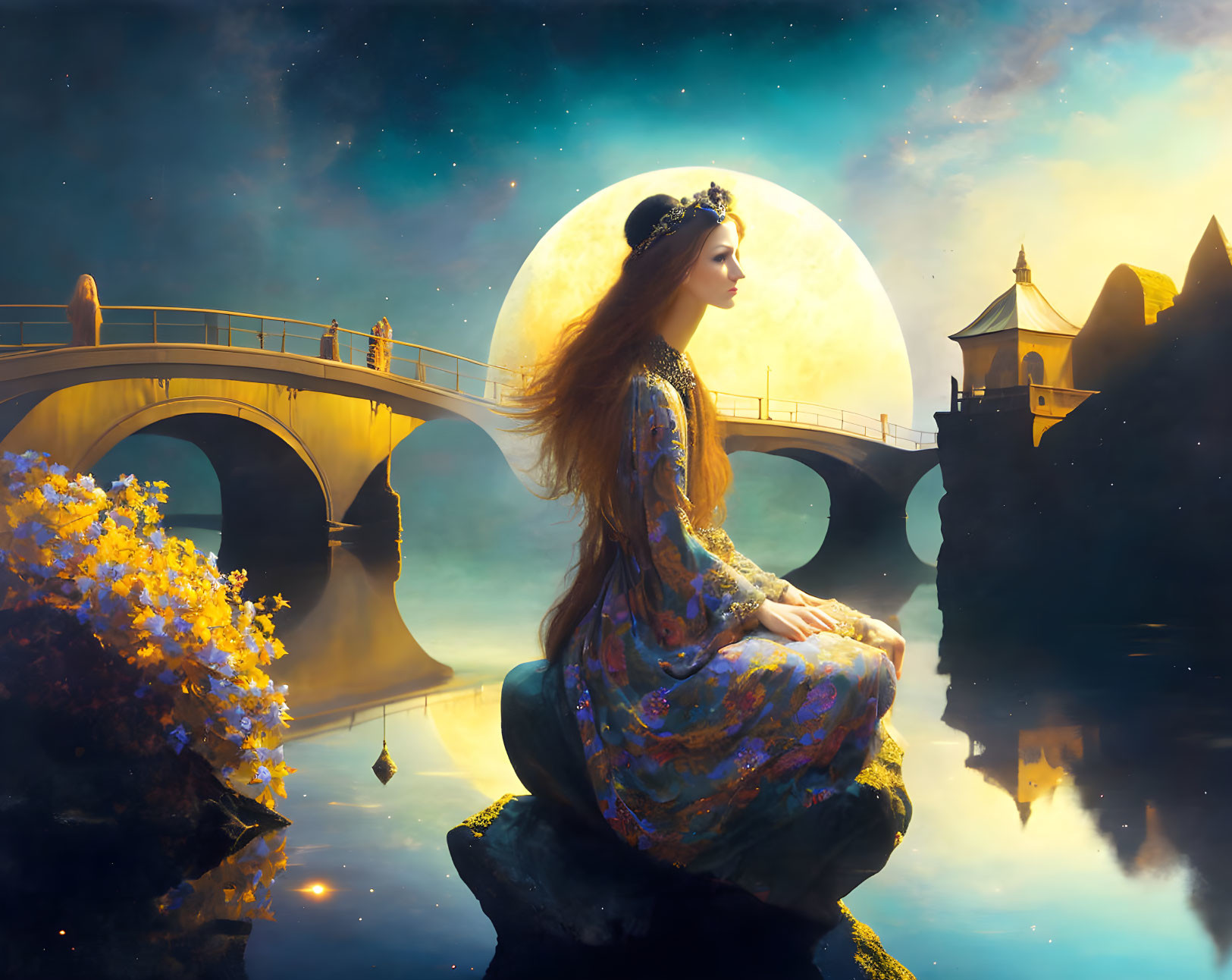 Woman in flowing dress gazes at large moon over bridge and towers in dreamy landscape