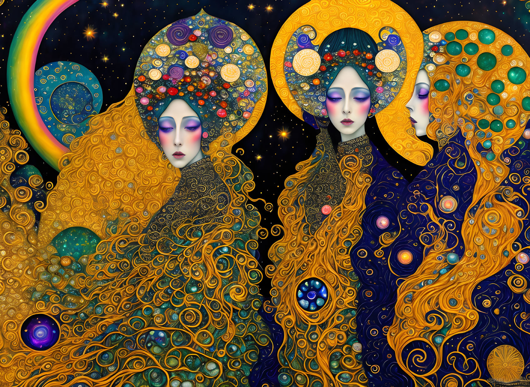 Vibrant artwork of two women with cosmic hair and starry background