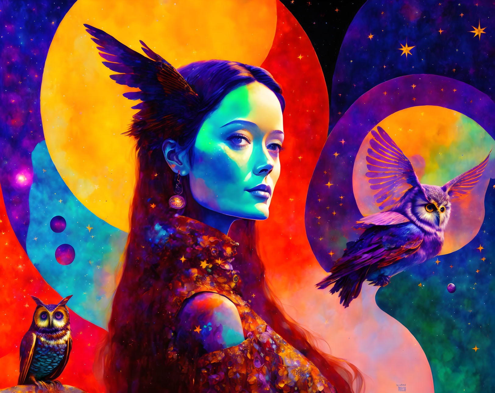 Digital artwork of woman, owls, and cosmic scene.