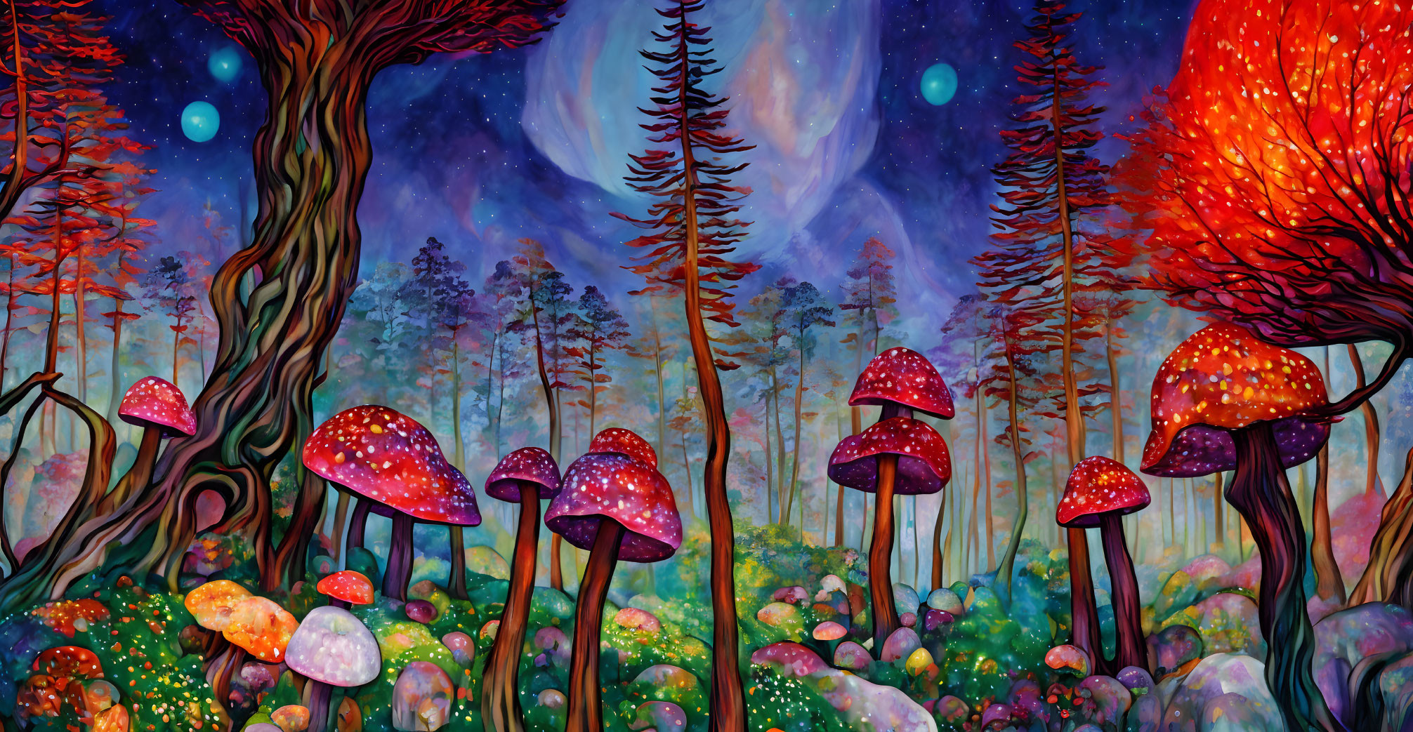 Colorful Fantasy Forest with Oversized Mushrooms and Glowing Orbs