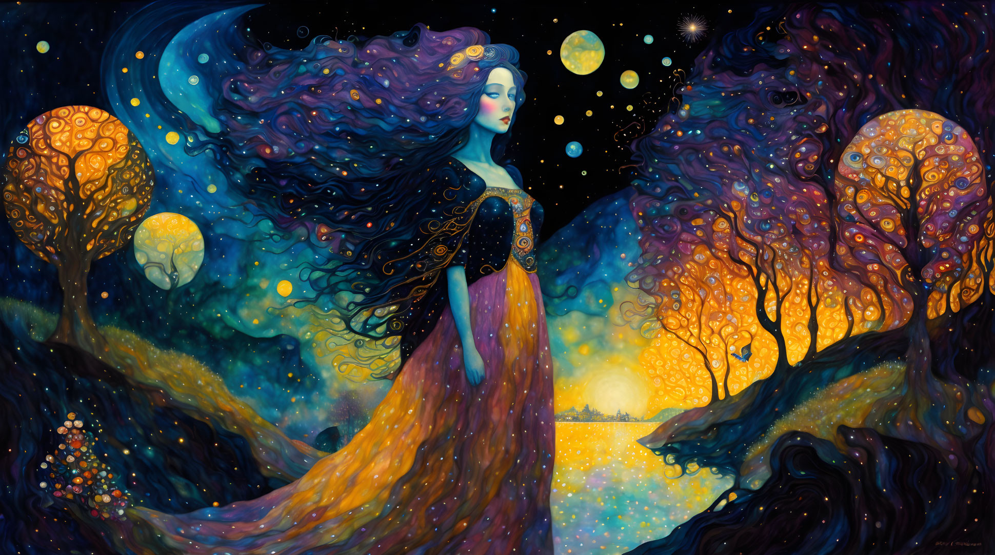 Surreal painting: Woman with flowing hair in starry night scene