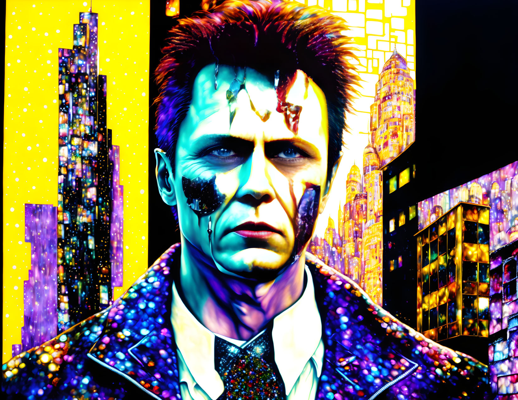 Man with damaged cybernetic features in neon-lit cityscape.