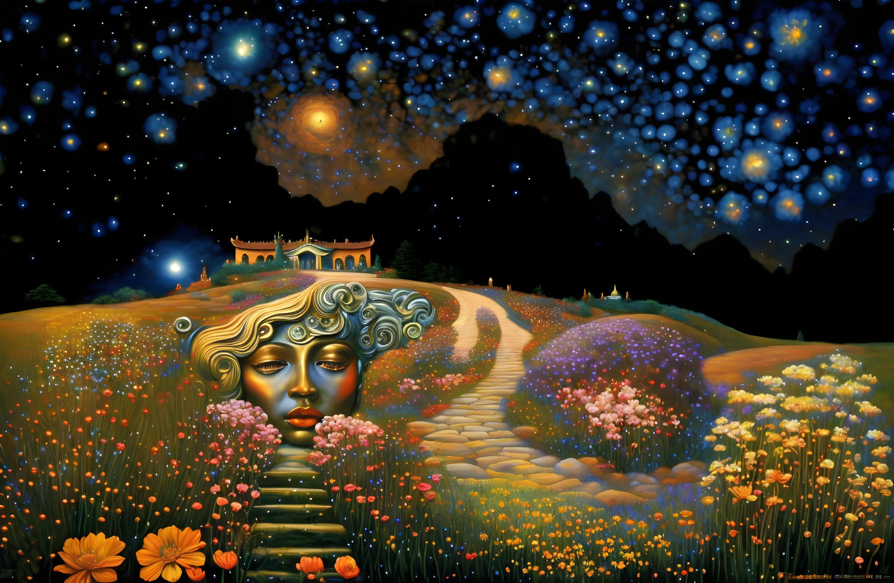 Surreal painting: Woman's face merges with starry sky, path to distant temple, vibrant