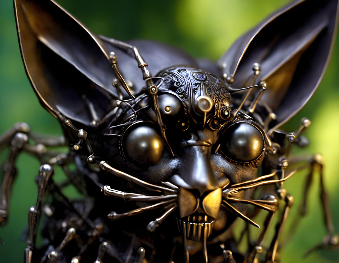 Steampunk-style cat sculpture with metallic parts and gears on green background