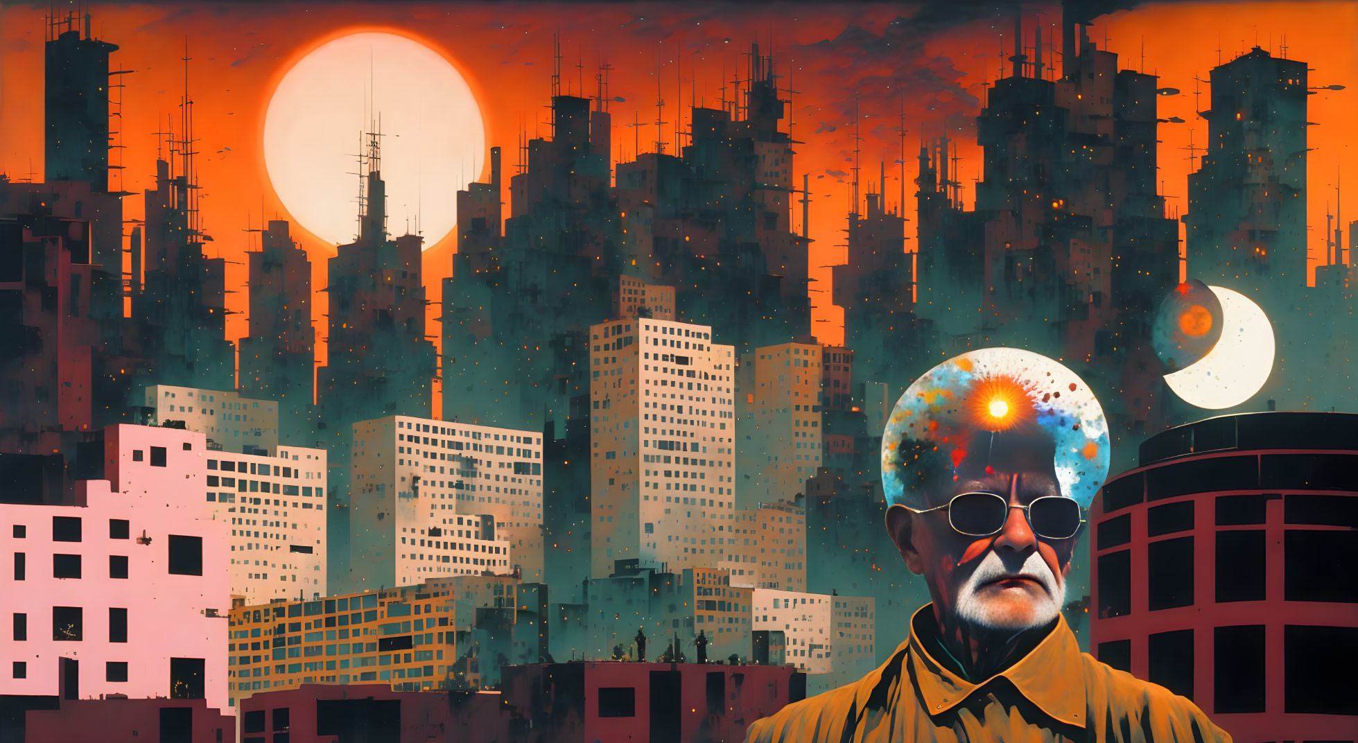 Surreal artwork: man with celestial eyes in futuristic cityscape