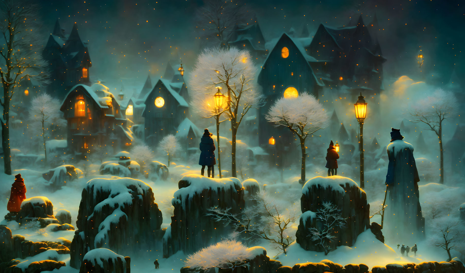 Victorian houses in snowy night scene with street lamps and silhouettes