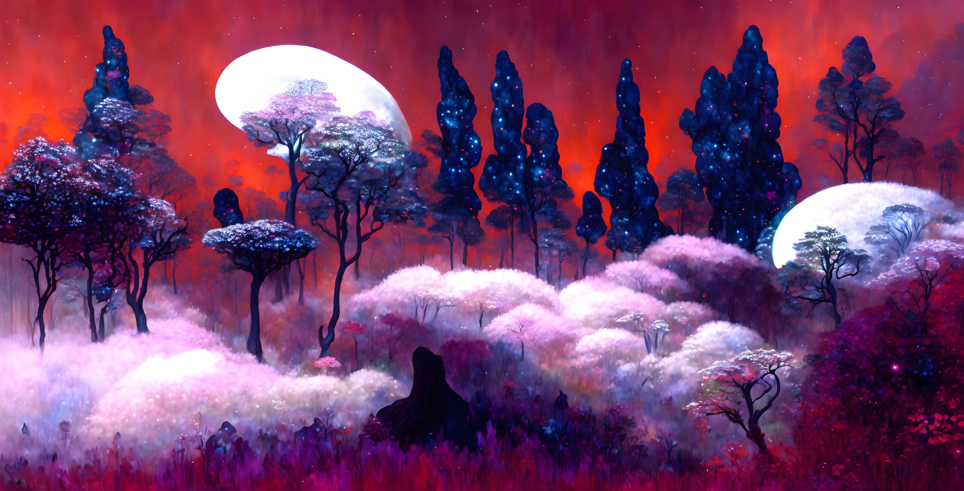 Fantasy Landscape with Blue and Pink Trees, White Orbs, and Red Sky